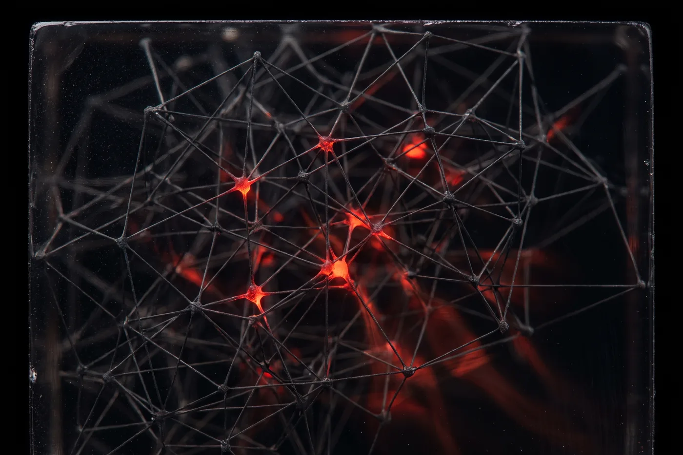 Macro study: a lattice of fine filaments and nodes suspended inside a block of black glass, a few nodes lit with red signal.